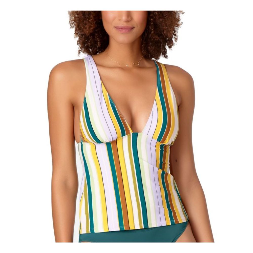 STUDIO ANN COLE Women's Multi Color Colorblocked Stripe Plunge Tankini Top L